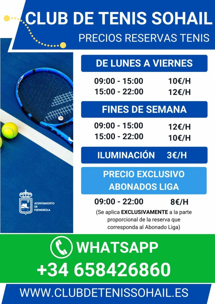 lista precios reservas Club de Tenis Sohail Fuengirola DIN A4